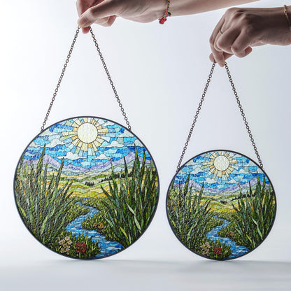 Sunny River Valley Landscape Stained Glass Style Suncatcher Gift for Nature Lover Window Decor