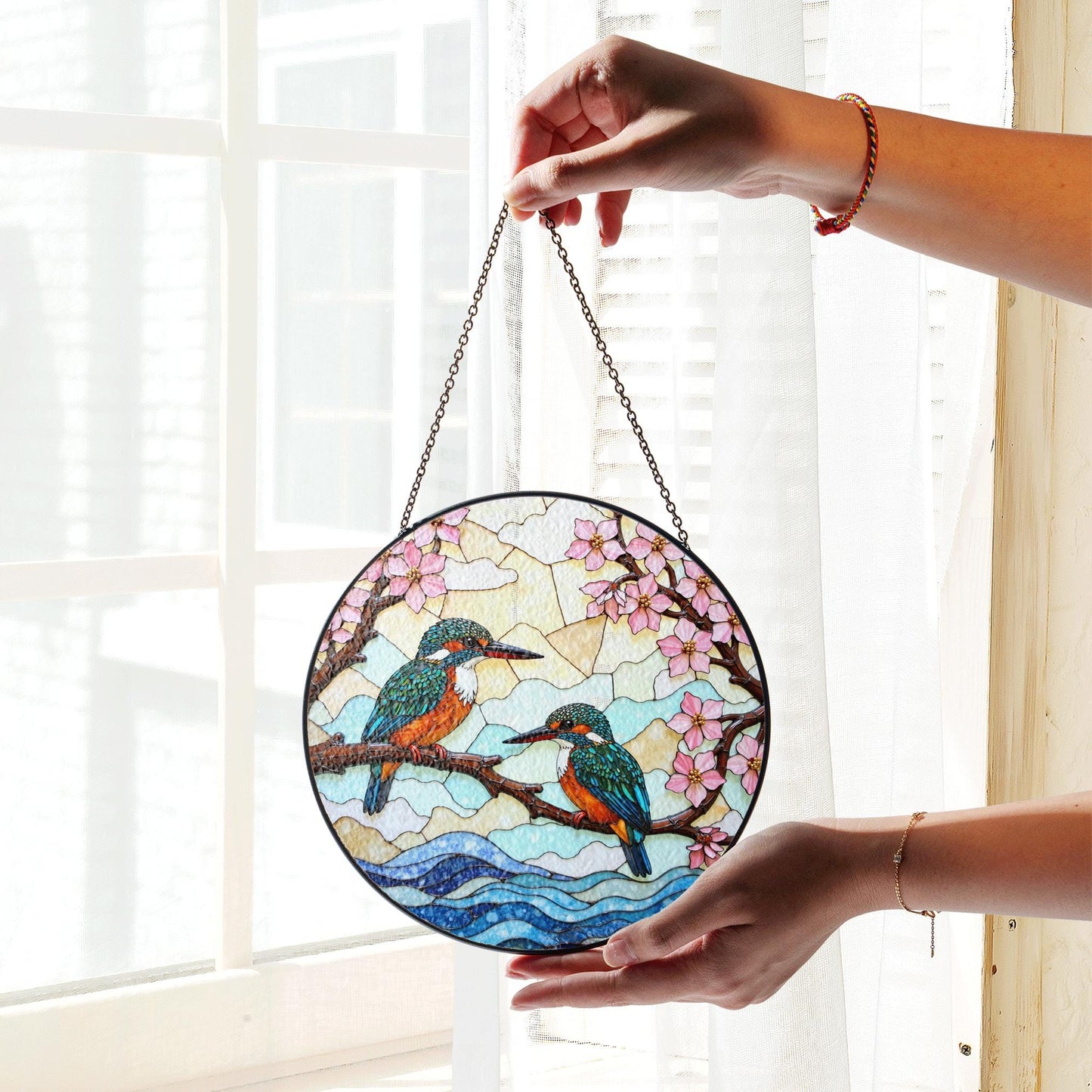 Kingfishers on Branch Stained Glass Suncatcher Bird Window Hanging Gift for Bird Lovers