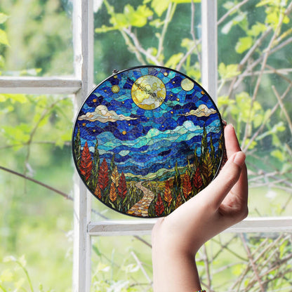 Moonlit Pathway Night Sky Stained Glass Suncatcher Window Hanging Gift for Nature Lovers