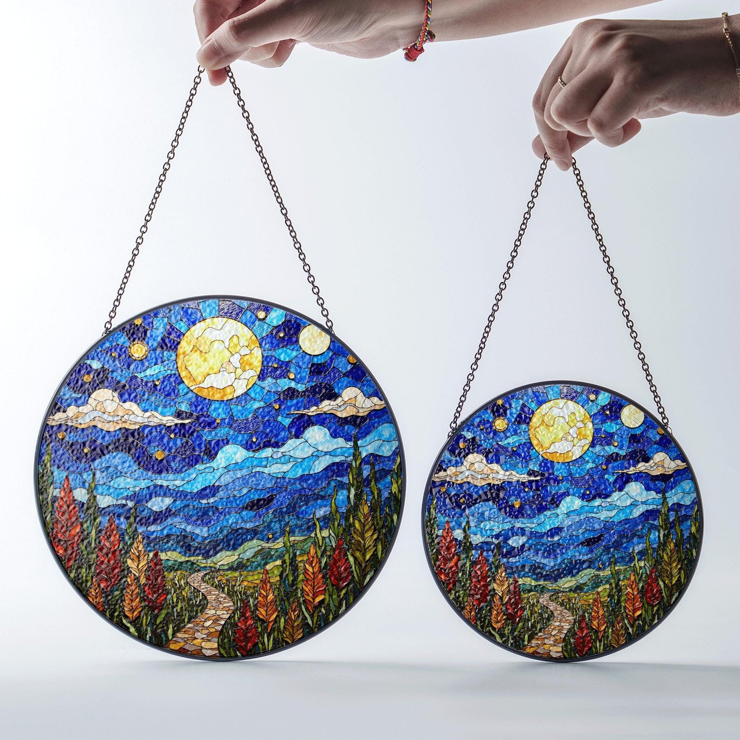 Moonlit Pathway Night Sky Stained Glass Suncatcher Window Hanging Gift for Nature Lovers