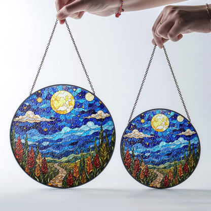 Moonlit Pathway Night Sky Stained Glass Suncatcher Window Hanging Gift for Nature Lovers
