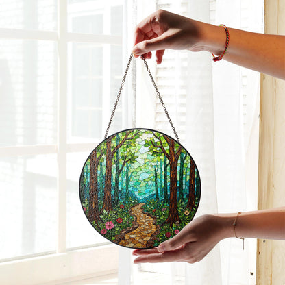Enchanted Forest Trail Stained Glass Style Suncatcher Gift for Nature Lovers