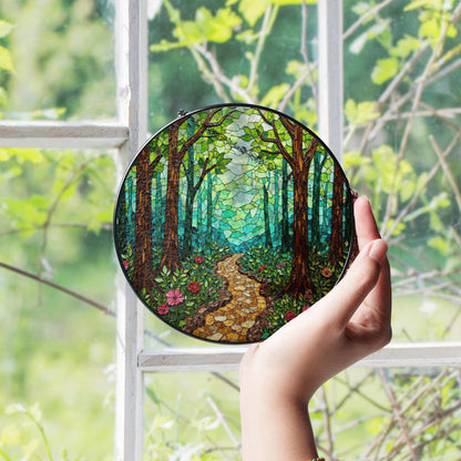 Enchanted Forest Trail Stained Glass Style Suncatcher Gift for Nature Lovers
