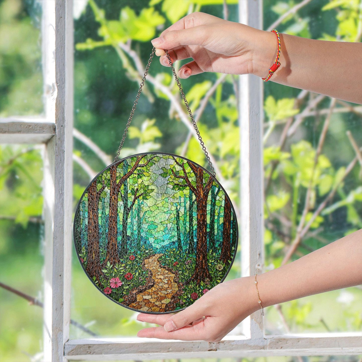 Enchanted Forest Trail Stained Glass Style Suncatcher Gift for Nature Lovers