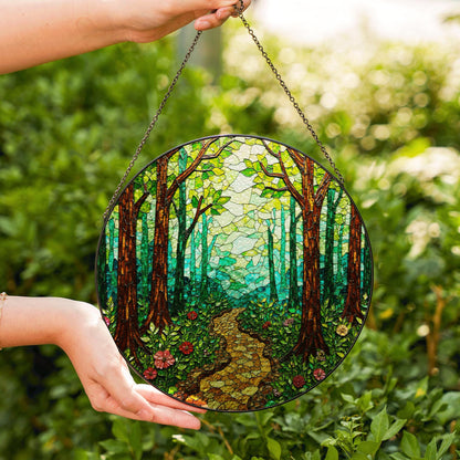 Enchanted Forest Trail Stained Glass Style Suncatcher Gift for Nature Lovers