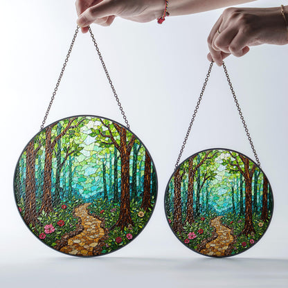 Enchanted Forest Trail Stained Glass Style Suncatcher Gift for Nature Lovers