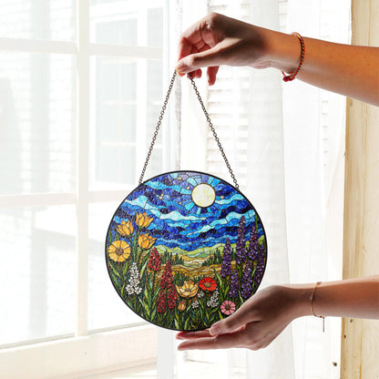 Wildflower Meadow and Blue Sky Suncatcher Handmade Stained Glass Style Window Decor Gift for Nature Lover