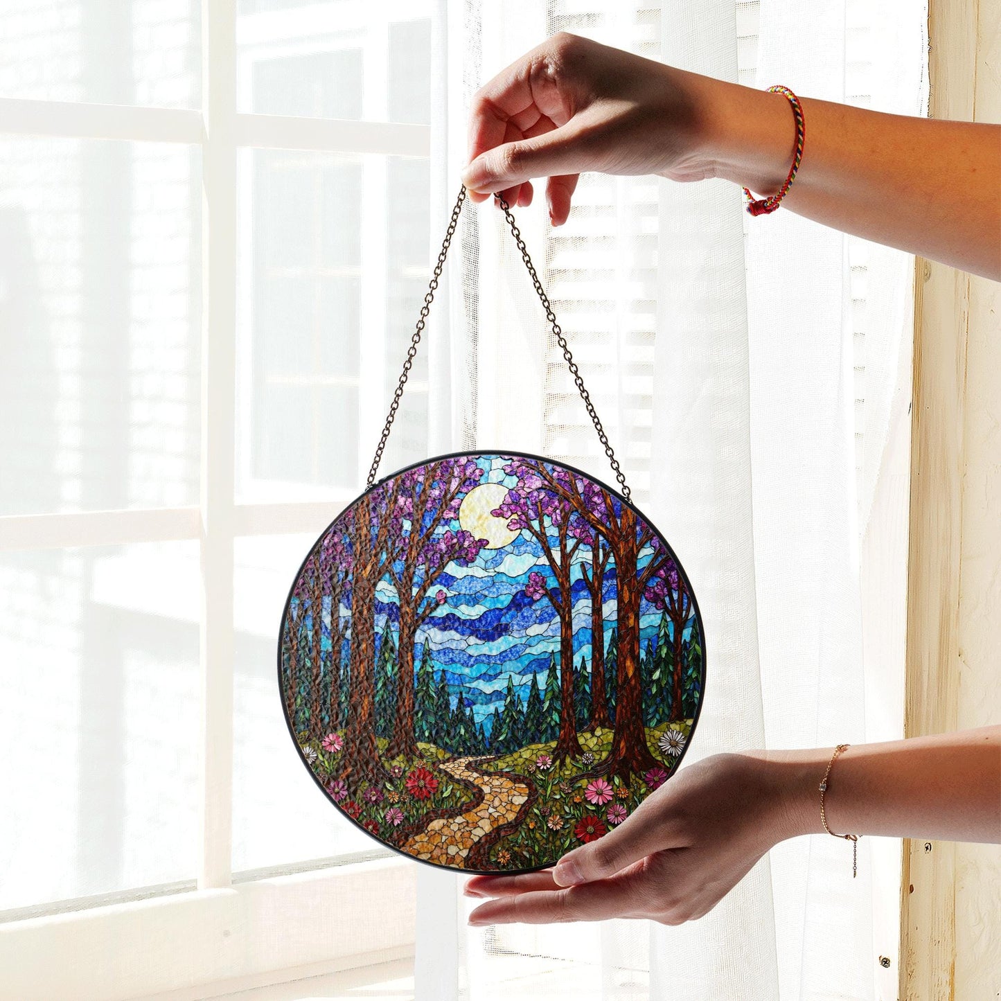 Enchanted Forest Path Suncatcher Stained Glass Window Decor Gift for Nature Lovers