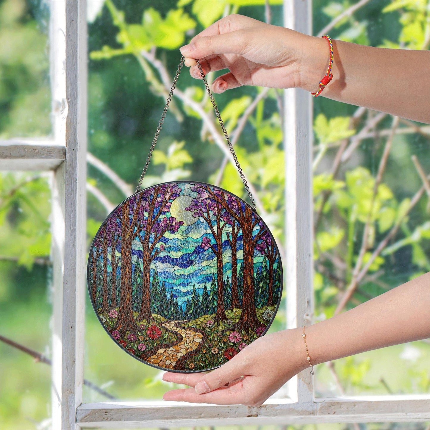 Enchanted Forest Path Suncatcher Stained Glass Window Decor Gift for Nature Lovers