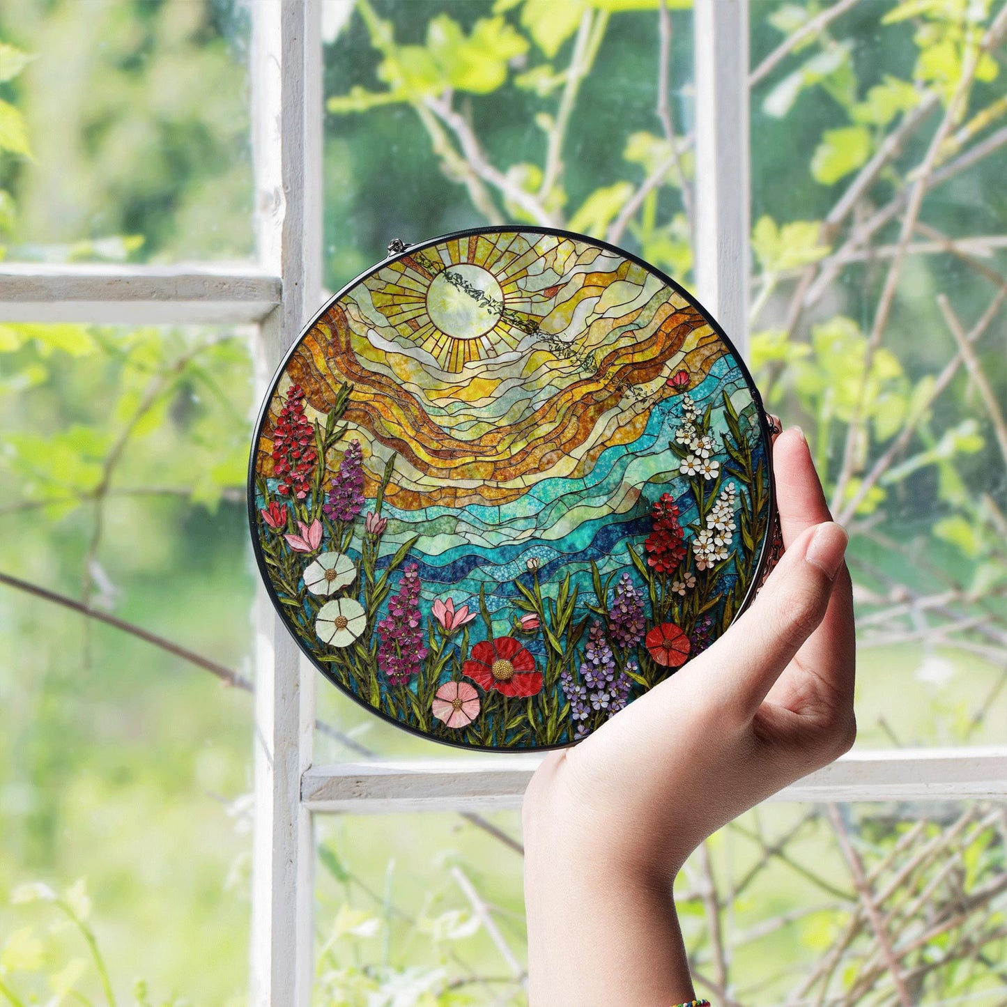 Colorful Wildflower Field Suncatcher Stained Glass Sun and Sky Sun Catcher Gift for Nature Lover