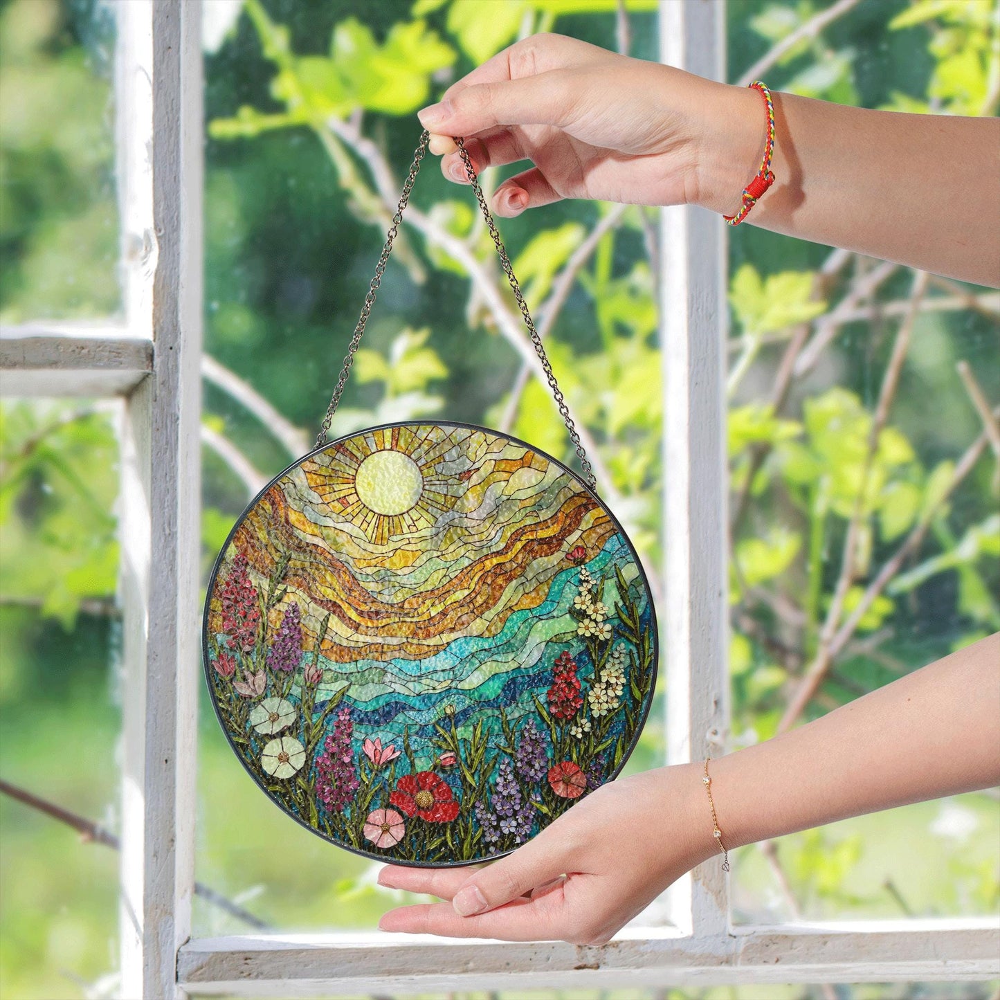 Colorful Wildflower Field Suncatcher Stained Glass Sun and Sky Sun Catcher Gift for Nature Lover