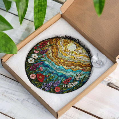 Colorful Wildflower Field Suncatcher Stained Glass Sun and Sky Sun Catcher Gift for Nature Lover
