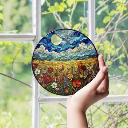 Wildflower Meadow Field Stained Glass Round Suncatcher Gift for Nature Lover Birthday Home Decor