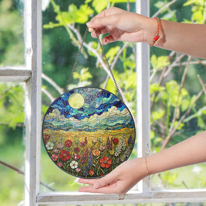 Wildflower Meadow Field Stained Glass Round Suncatcher Gift for Nature Lover Birthday Home Decor