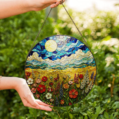 Wildflower Meadow Field Stained Glass Round Suncatcher Gift for Nature Lover Birthday Home Decor