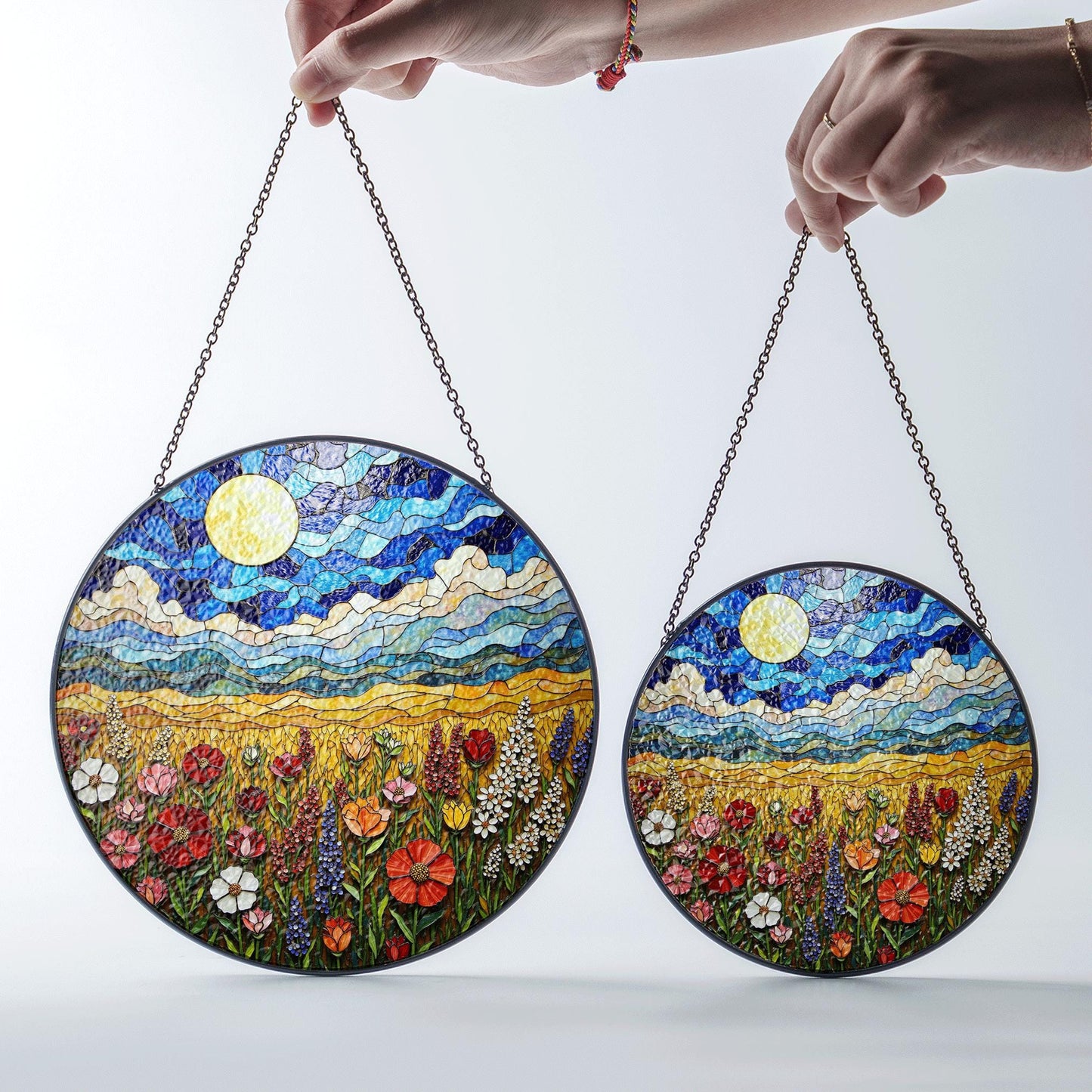Wildflower Meadow Field Stained Glass Round Suncatcher Gift for Nature Lover Birthday Home Decor