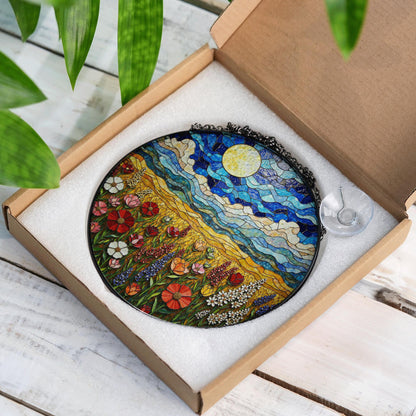 Wildflower Meadow Field Stained Glass Round Suncatcher Gift for Nature Lover Birthday Home Decor
