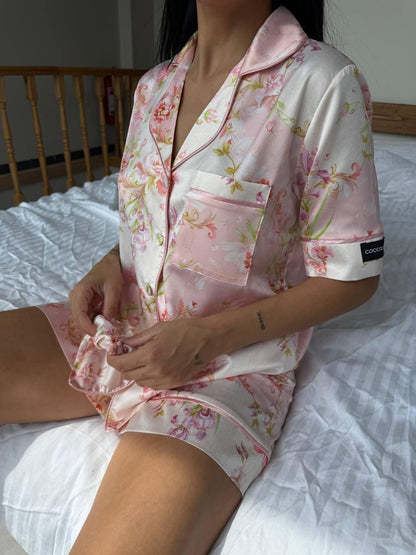 Floral Satin Pajama Set for Women, Pink Short Sleeve Summer Sleepwear, Elegant Lounge Set, Birthdays Gift Idea for Her