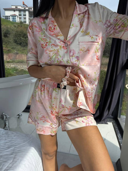 Floral Satin Pajama Set for Women, Pink Short Sleeve Summer Sleepwear, Elegant Lounge Set, Birthdays Gift Idea for Her