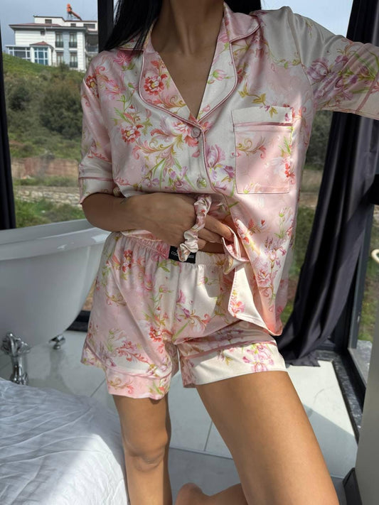 Floral Satin Pajama Set for Women, Pink Short Sleeve Summer Sleepwear, Elegant Lounge Set, Birthdays Gift Idea for Her