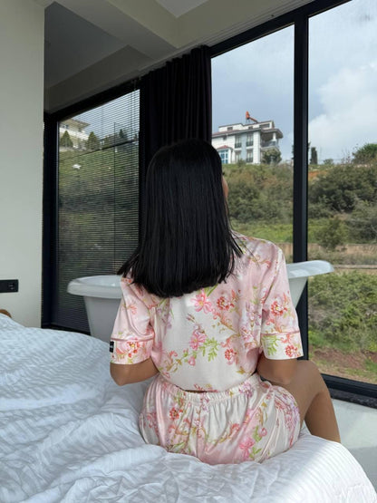 Floral Satin Pajama Set for Women, Pink Short Sleeve Summer Sleepwear, Elegant Lounge Set, Birthdays Gift Idea for Her