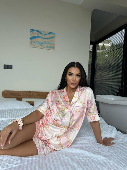 Floral Satin Pajama Set for Women, Pink Short Sleeve Summer Sleepwear, Elegant Lounge Set, Birthdays Gift Idea for Her