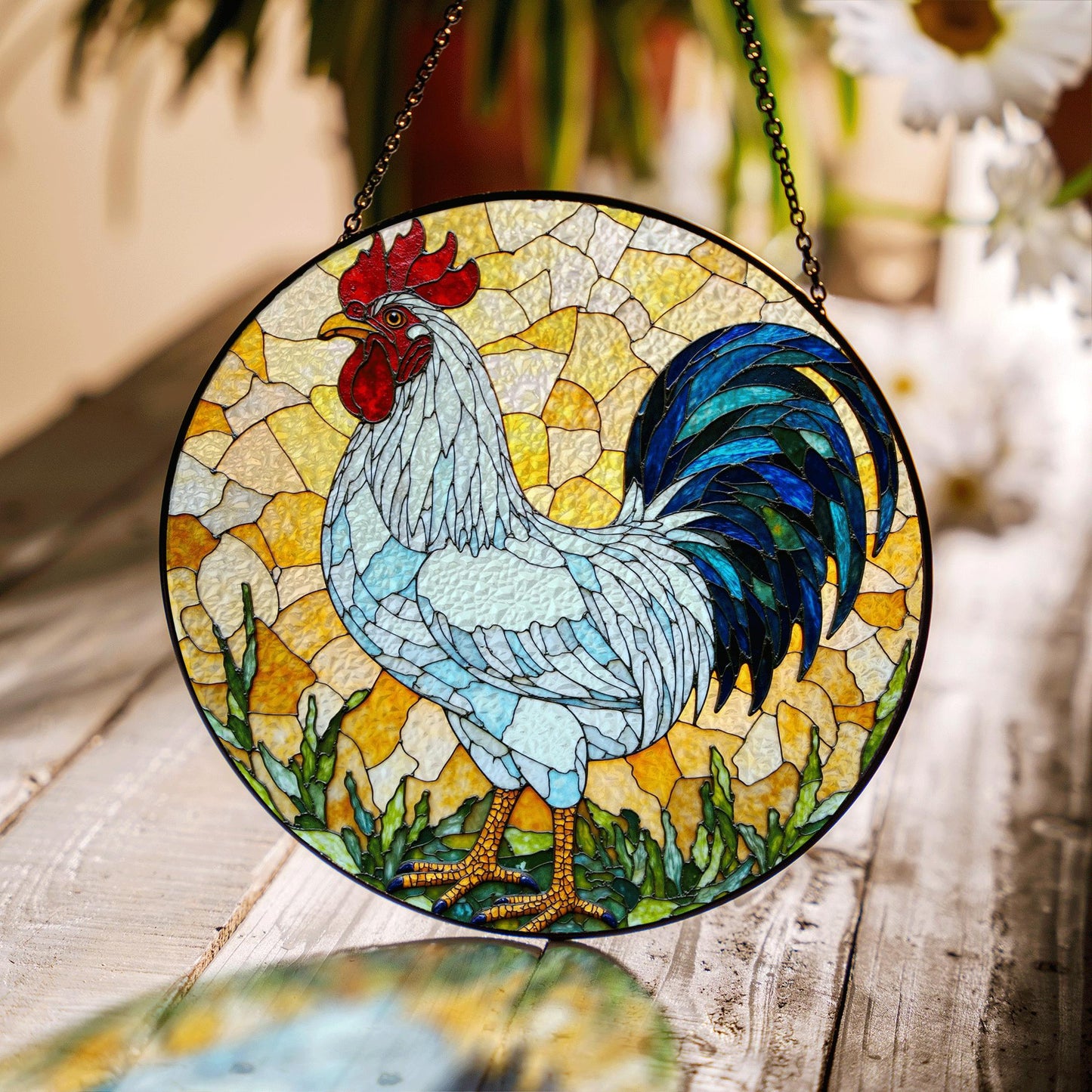 Stained Glass Rooster Suncatcher Handcrafted Colorful Window Art Gift for Bird Lovers