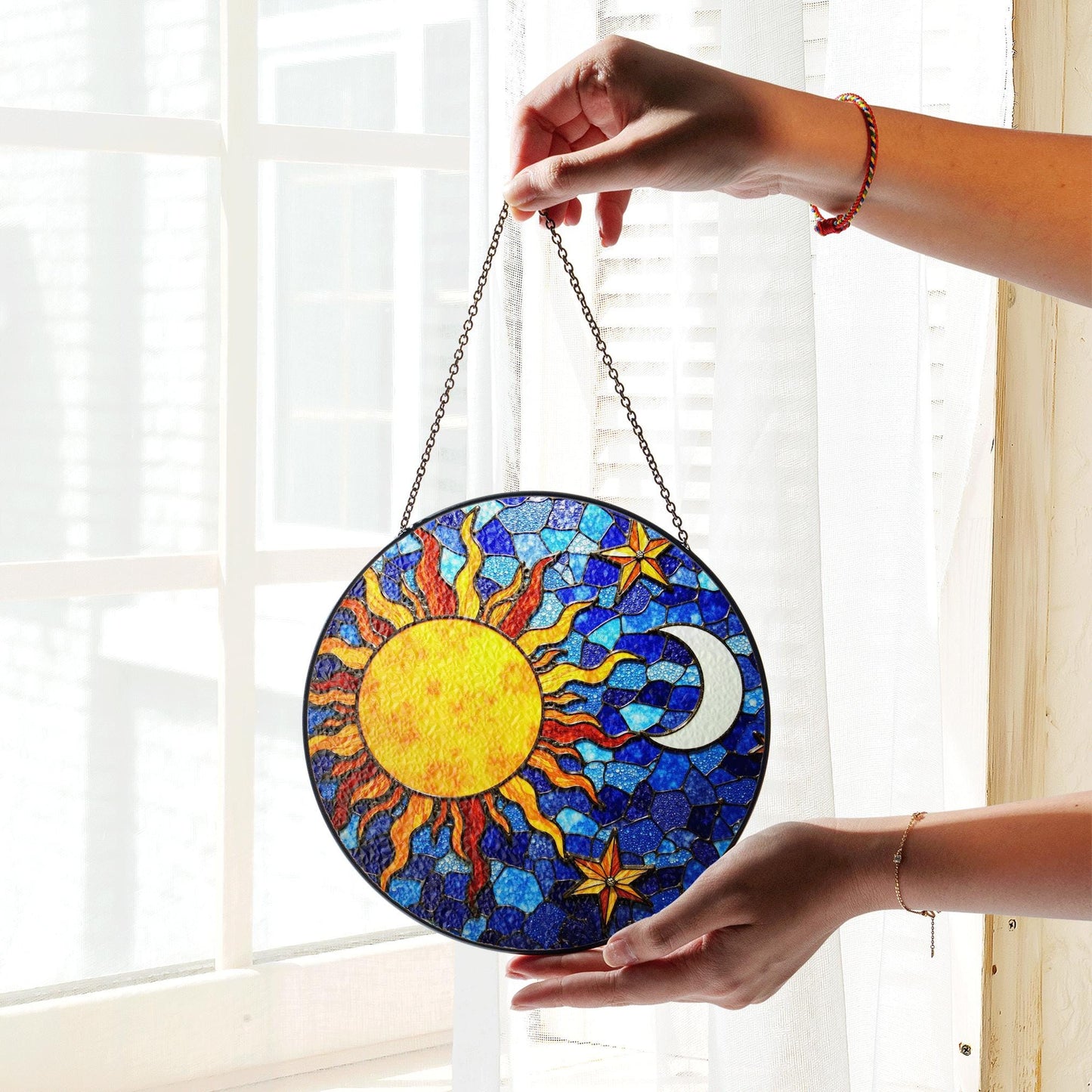 Sun and Moon Stained Glass Suncatcher in Blue and Yellow for Home Decor Gift