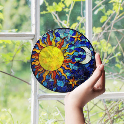 Sun and Moon Stained Glass Suncatcher in Blue and Yellow for Home Decor Gift