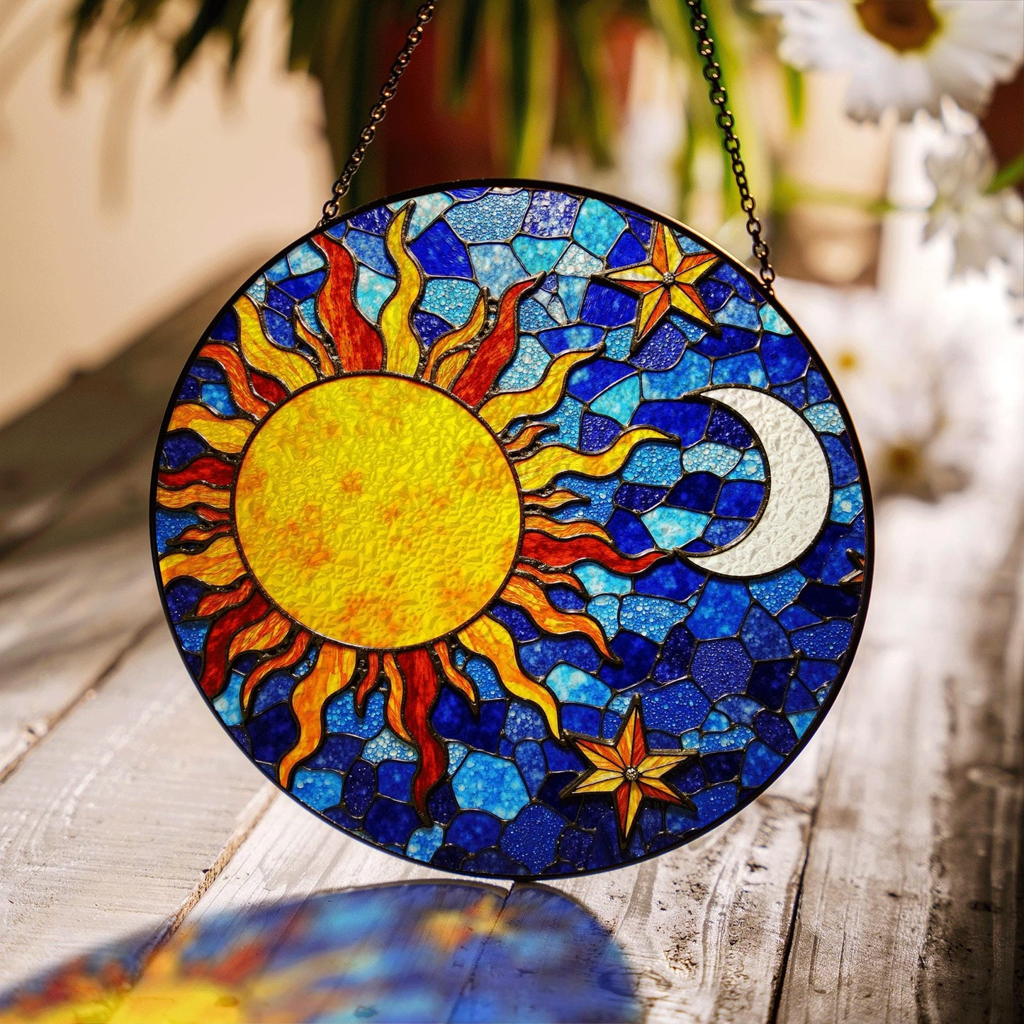 Sun and Moon Stained Glass Suncatcher in Blue and Yellow for Home Decor Gift