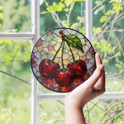Stained Glass Cherry Suncatcher with Red Cherries and Leaf for Window Decoration Gift