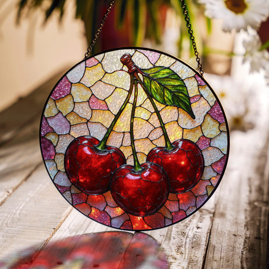 Stained Glass Cherry Suncatcher with Red Cherries and Leaf for Window Decoration Gift