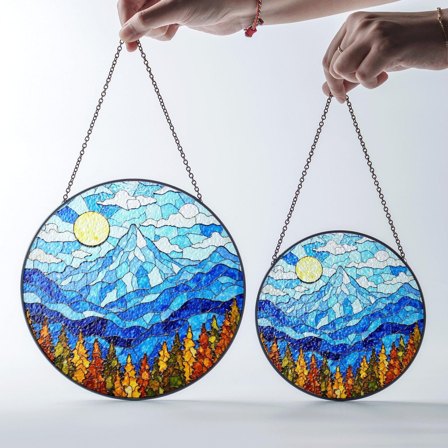 Mountain Sunrise Stained Glass Suncatcher Vibrant Blue Sky Autumn Trees Handcrafted Gift for Nature Lovers