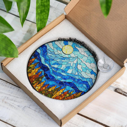 Mountain Sunrise Stained Glass Suncatcher Vibrant Blue Sky Autumn Trees Handcrafted Gift for Nature Lovers