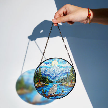 Mountain Owl Forest Scene Round Suncatcher Window Hanging Gift for Nature Lover