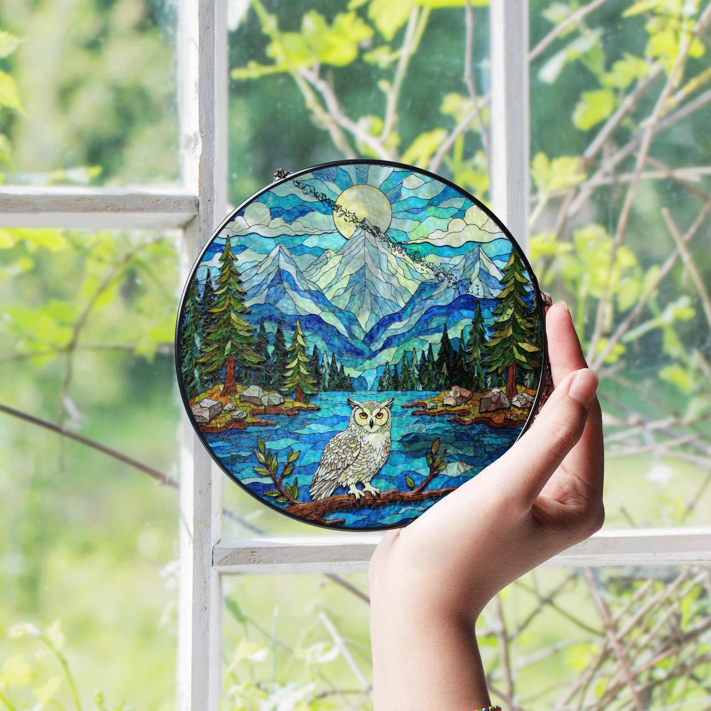 Mountain Owl Forest Scene Round Suncatcher Window Hanging Gift for Nature Lover
