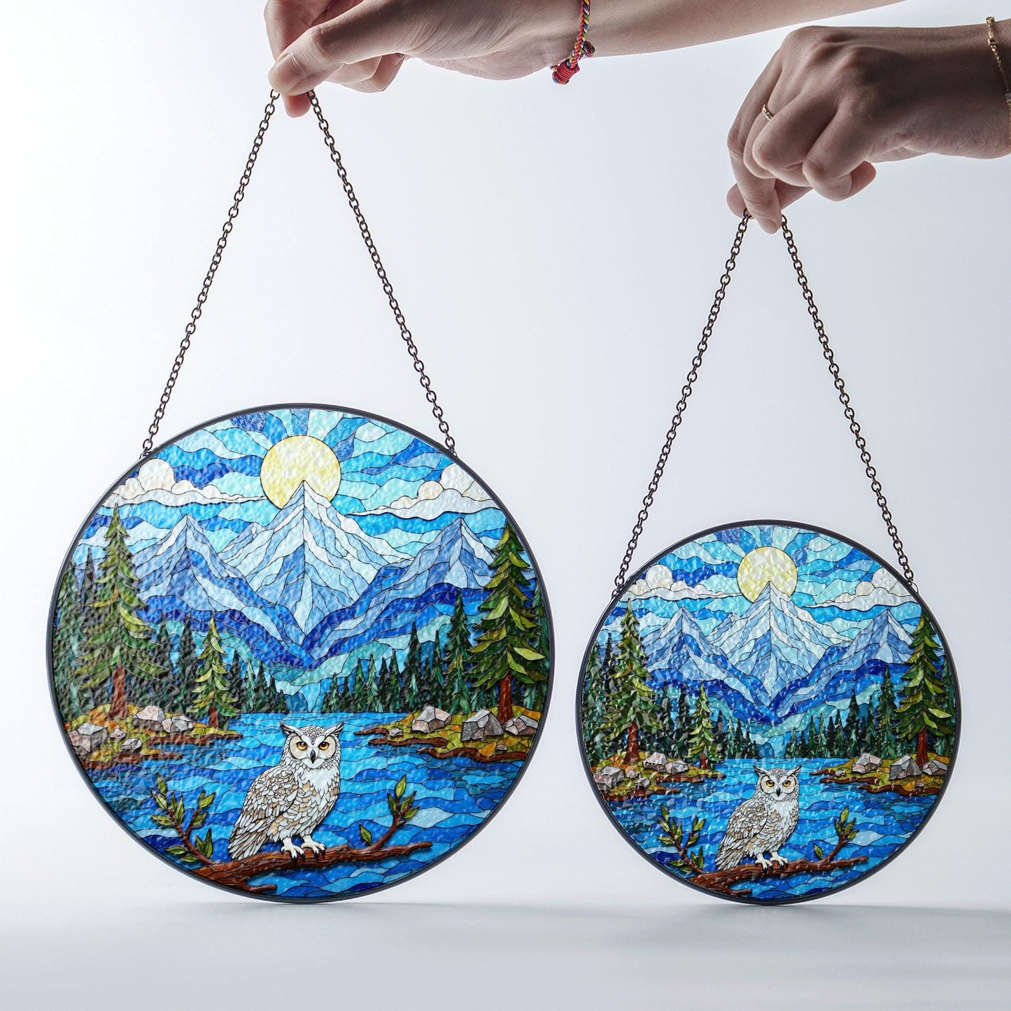 Mountain Owl Forest Scene Round Suncatcher Window Hanging Gift for Nature Lover