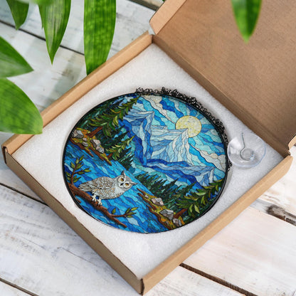 Mountain Owl Forest Scene Round Suncatcher Window Hanging Gift for Nature Lover