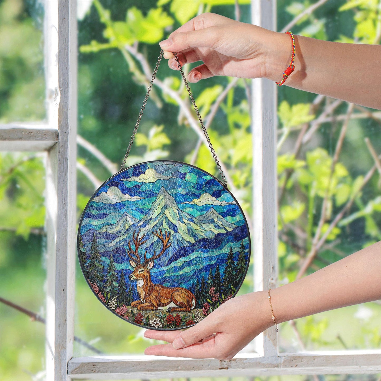 Mountain Deer Forest Scene Suncatcher Nature Window Hanging Gift