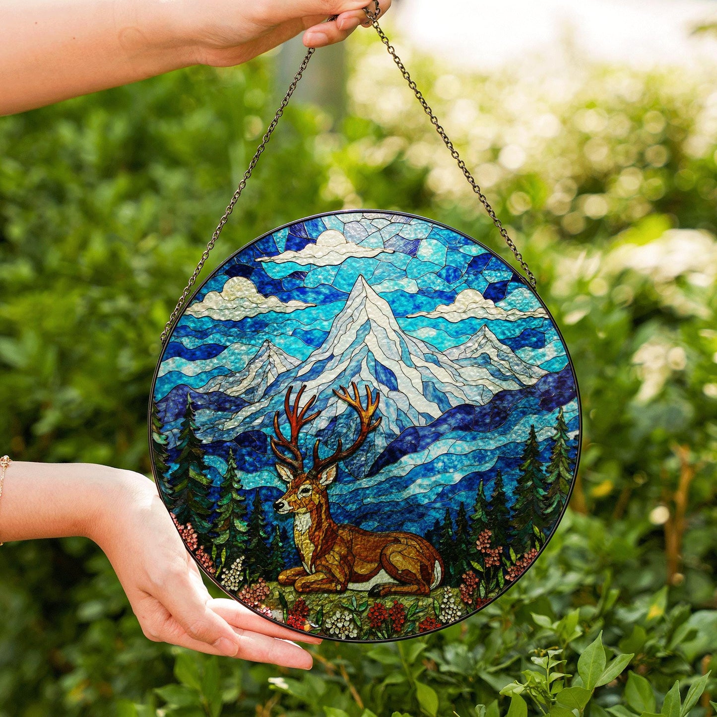 Mountain Deer Forest Scene Suncatcher Nature Window Hanging Gift