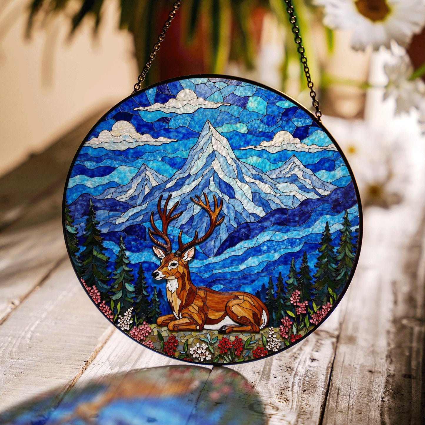 Mountain Deer Forest Scene Suncatcher Nature Window Hanging Gift
