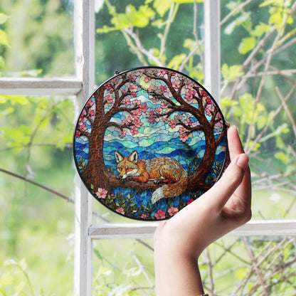 Sleeping fox under cherry trees stained glass suncatcher woodland decor gift for nature lover