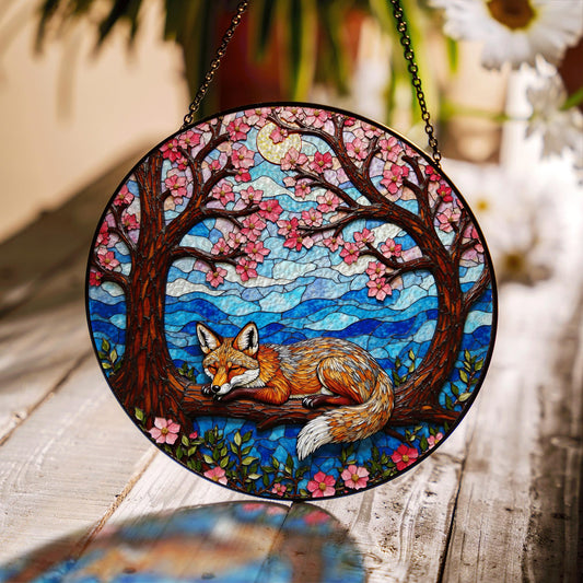 Sleeping fox under cherry trees stained glass suncatcher woodland decor gift for nature lover
