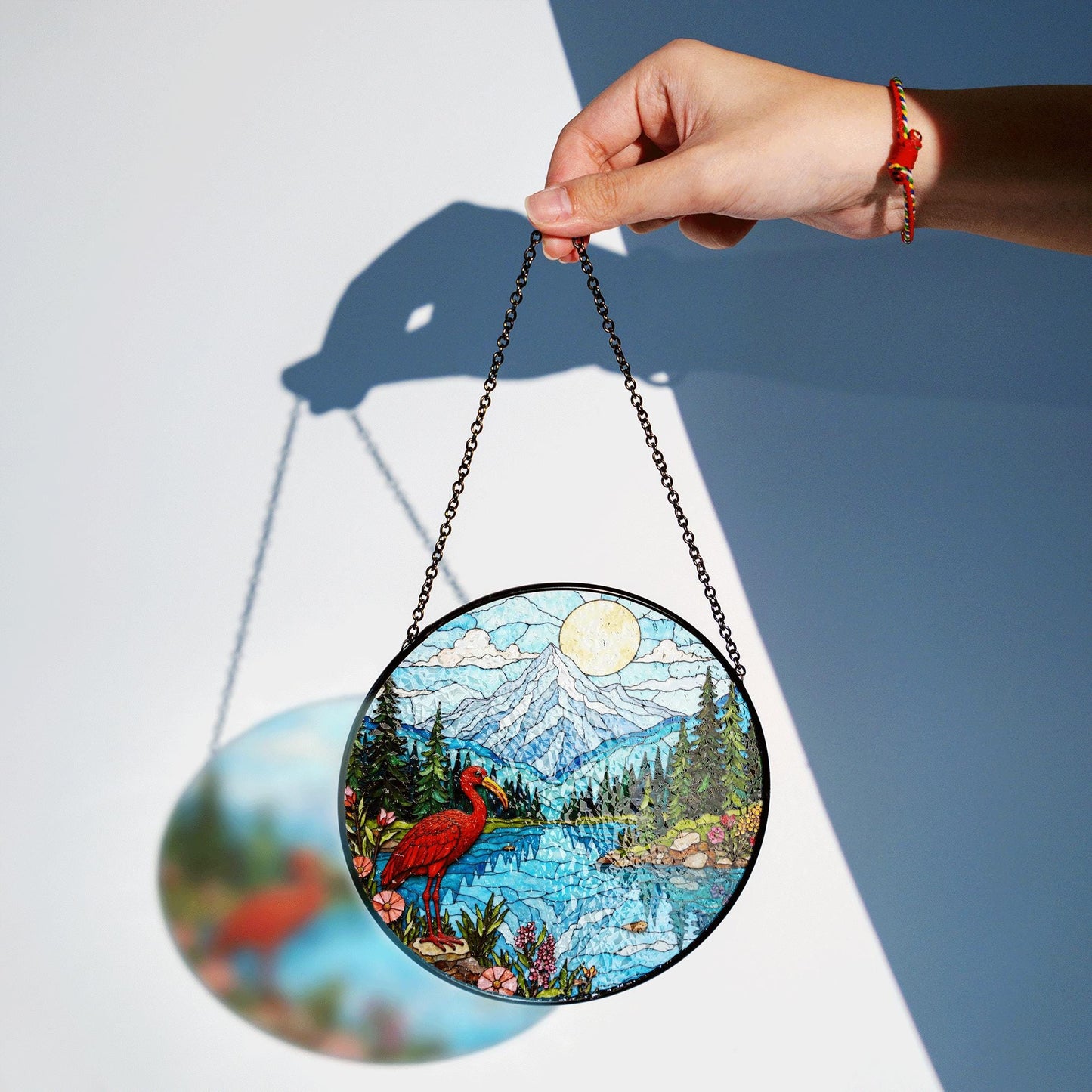 Red heron lake forest stained glass style round suncatcher nature window decor gift