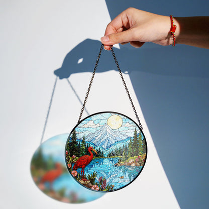 Red heron lake forest stained glass style round suncatcher nature window decor gift