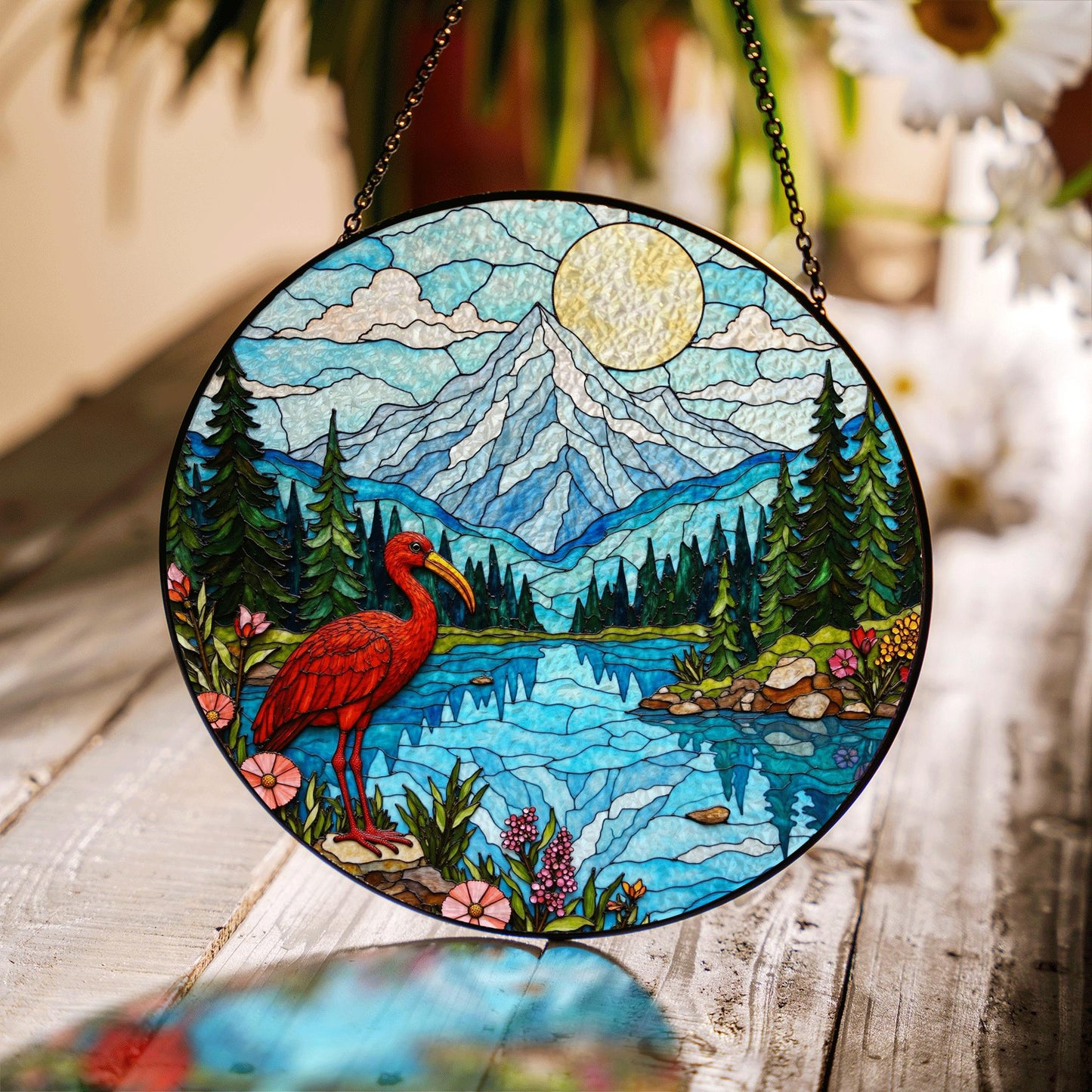 Red heron lake forest stained glass style round suncatcher nature window decor gift