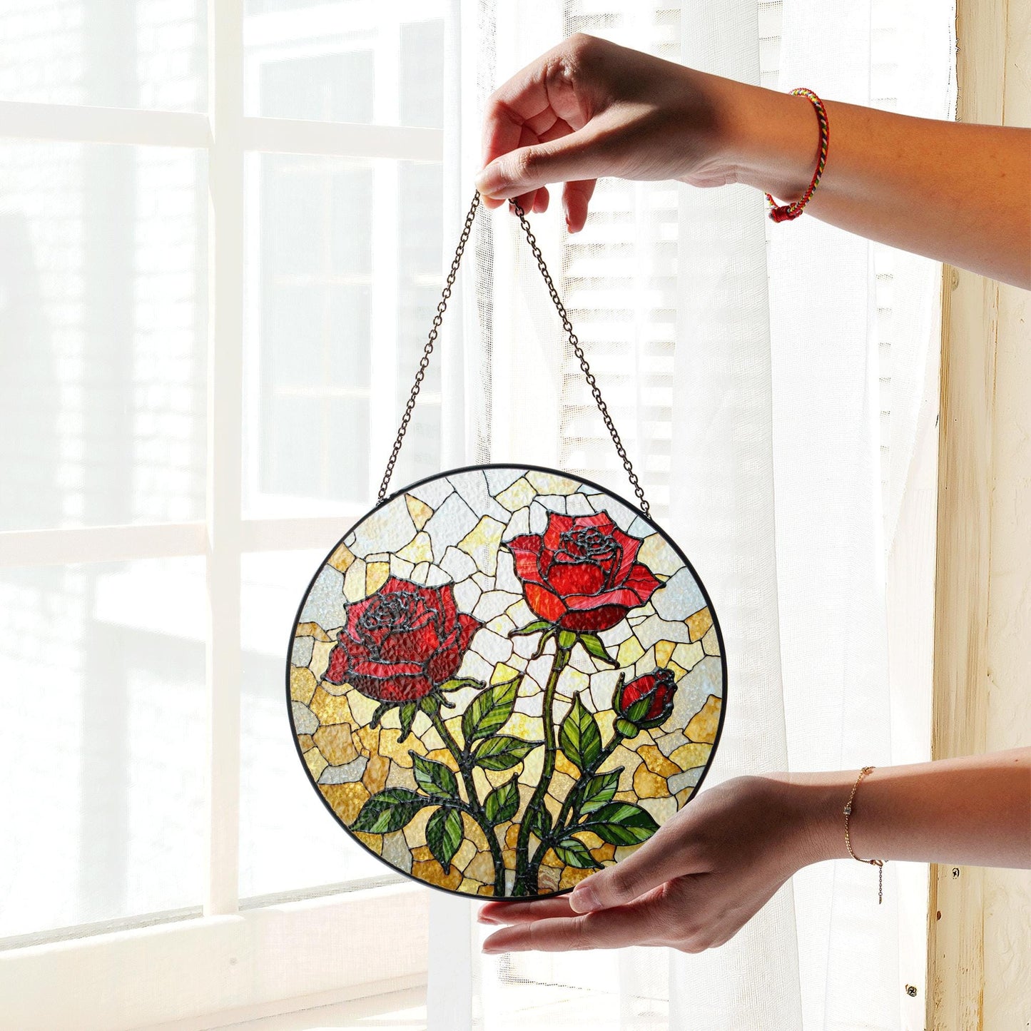 Red Rose Stained Glass Suncatcher – Handmade Floral Window Decor – Gift for Garden Lovers, Moms, or Romantic Occasions