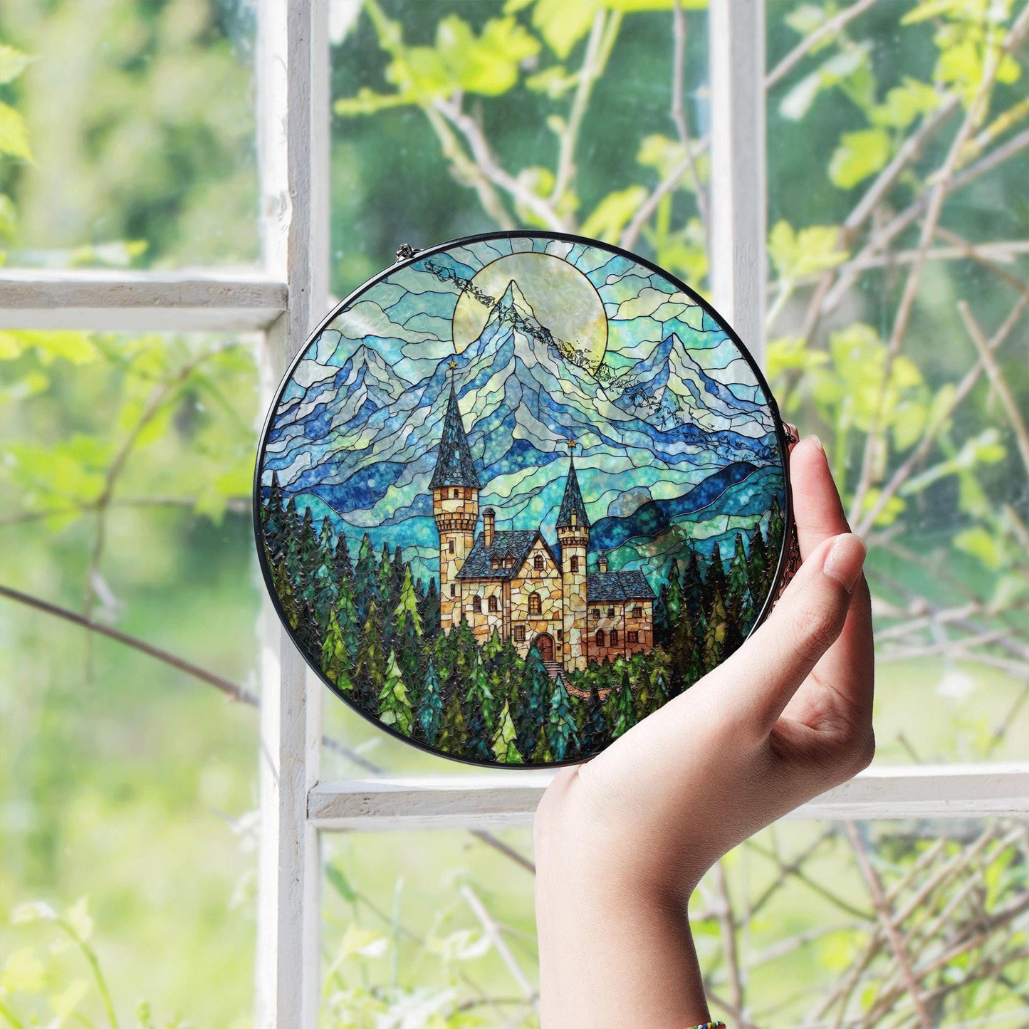 Enchanted Castle Mountain Suncatcher – Fairytale Stained Glass Window Decor – Magical Gift for Fantasy Lovers
