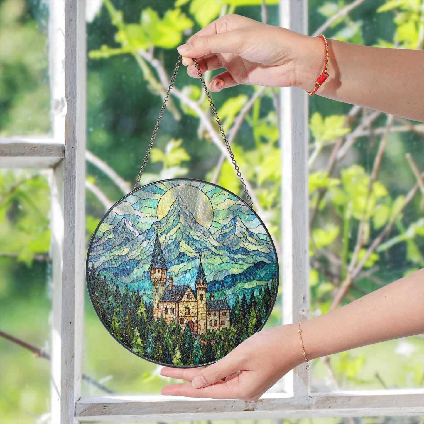 Enchanted Castle Mountain Suncatcher – Fairytale Stained Glass Window Decor – Magical Gift for Fantasy Lovers