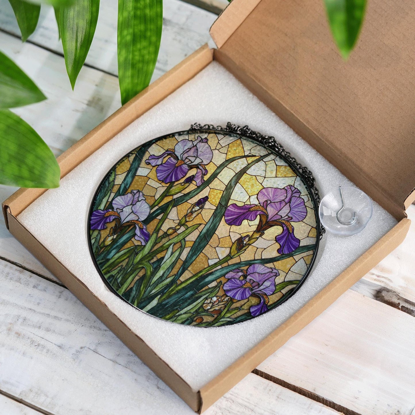 Purple Iris Stained Glass Suncatcher – Tiffany Style Floral Window Hanging – Unique Gift for Garden Lovers